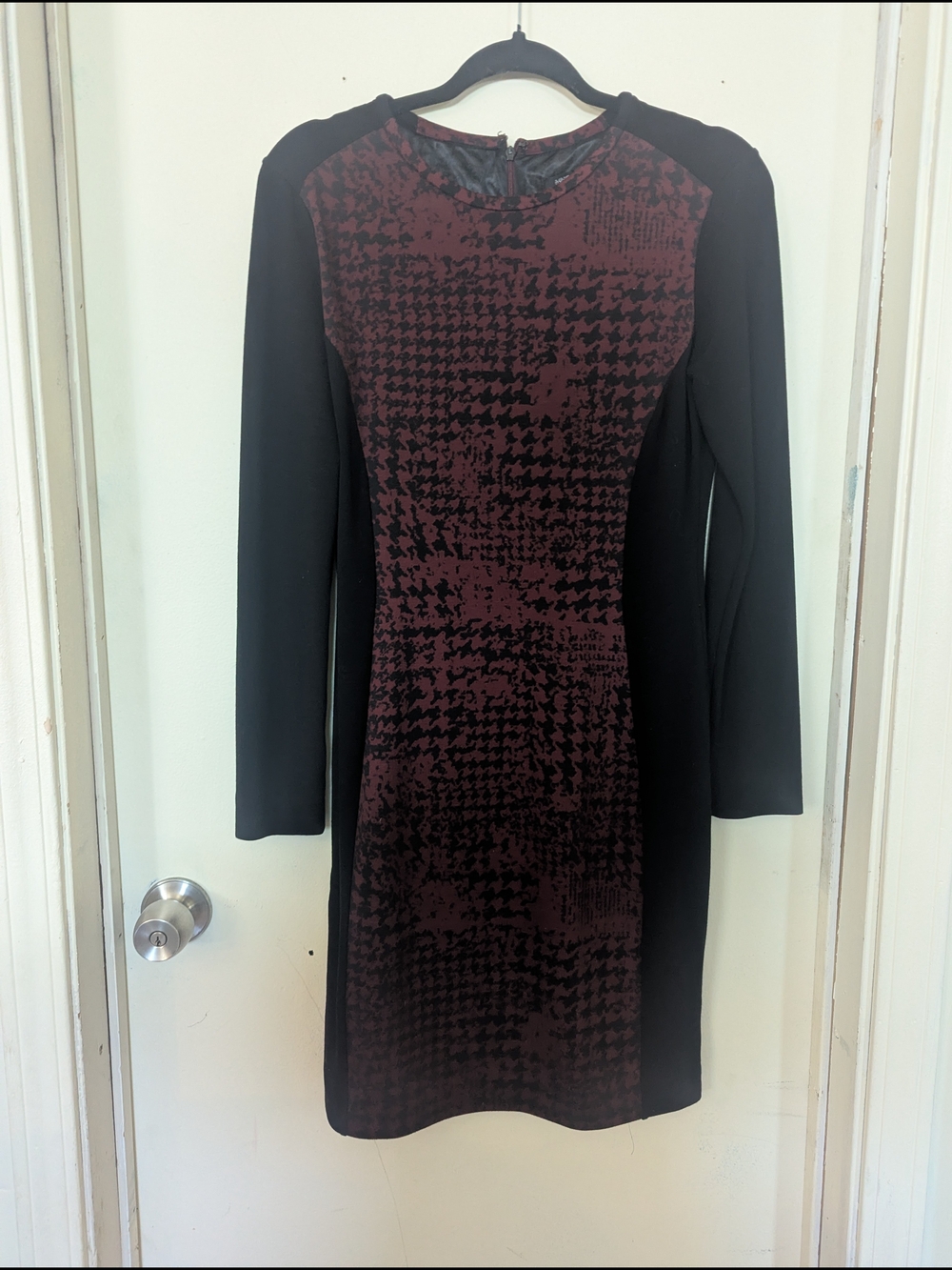 MNG SUIT Black and Burgundy Patterned Long Sleeve Sheath Dress